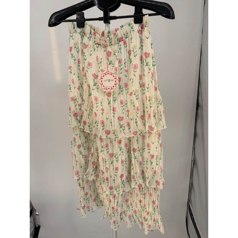 Umgee Tiered Floral Midi Skirt Womens Small Ivory Pink NWT Pleated Ruffle Boho